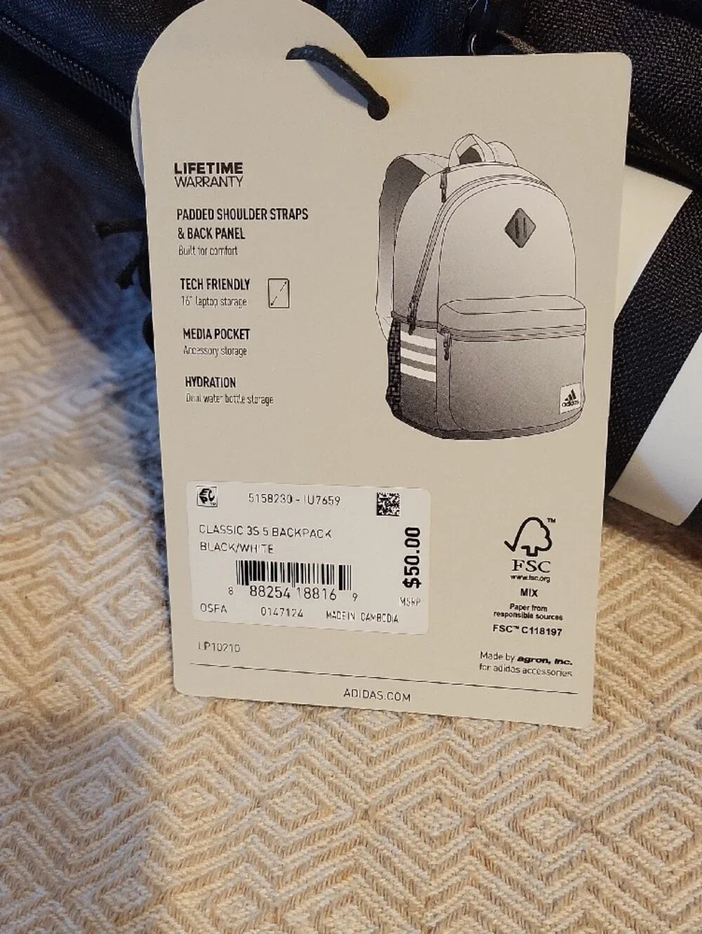 adidas Black Backpack with White Stripe Details